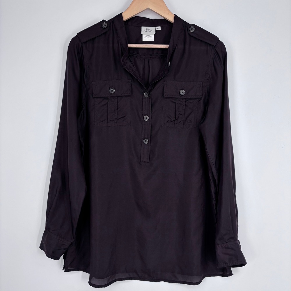 Hot‎ Cotton 100% Silk Blouse Womens M Brown Military Utility Safari Tunic Top